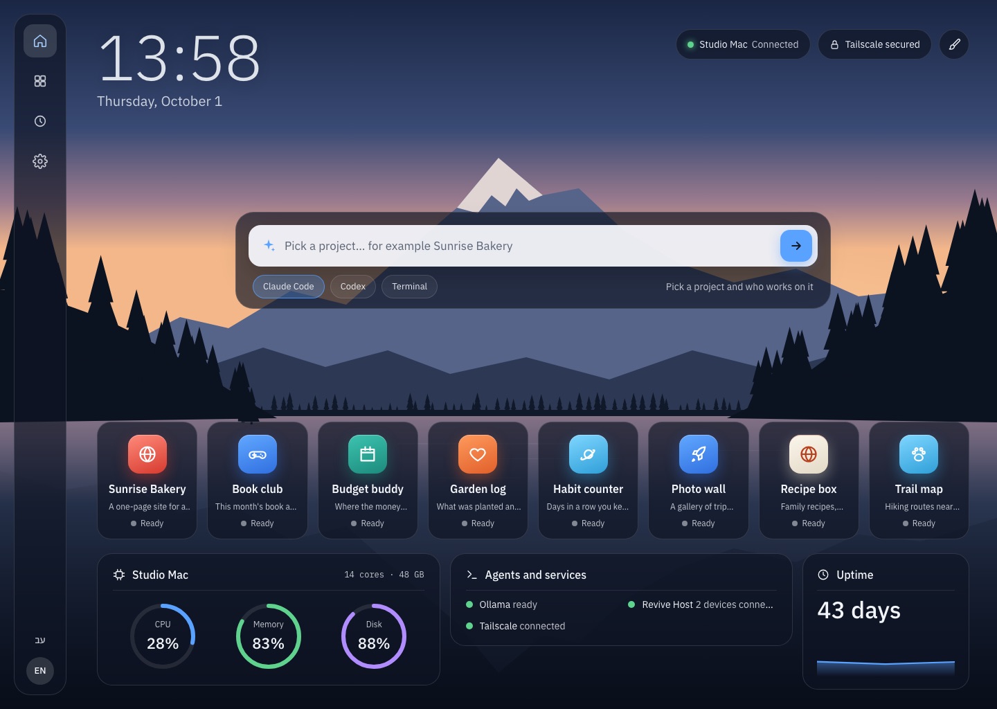 Revive's Home screen: a clock over an evening mountain scene, a command bar, eight colorful project tiles, and the computer's health.