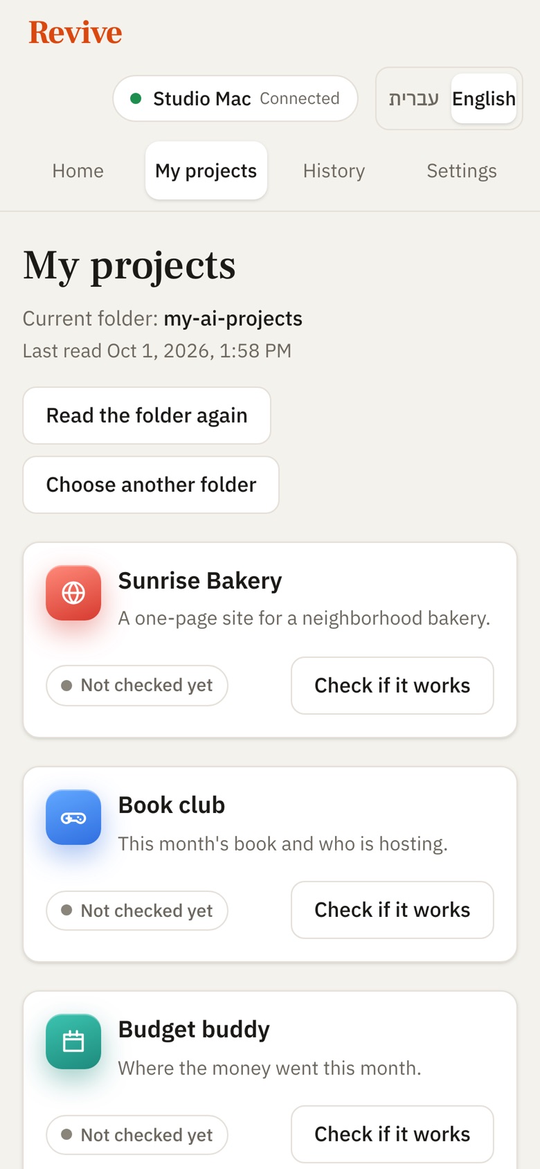 The project list on an iPhone